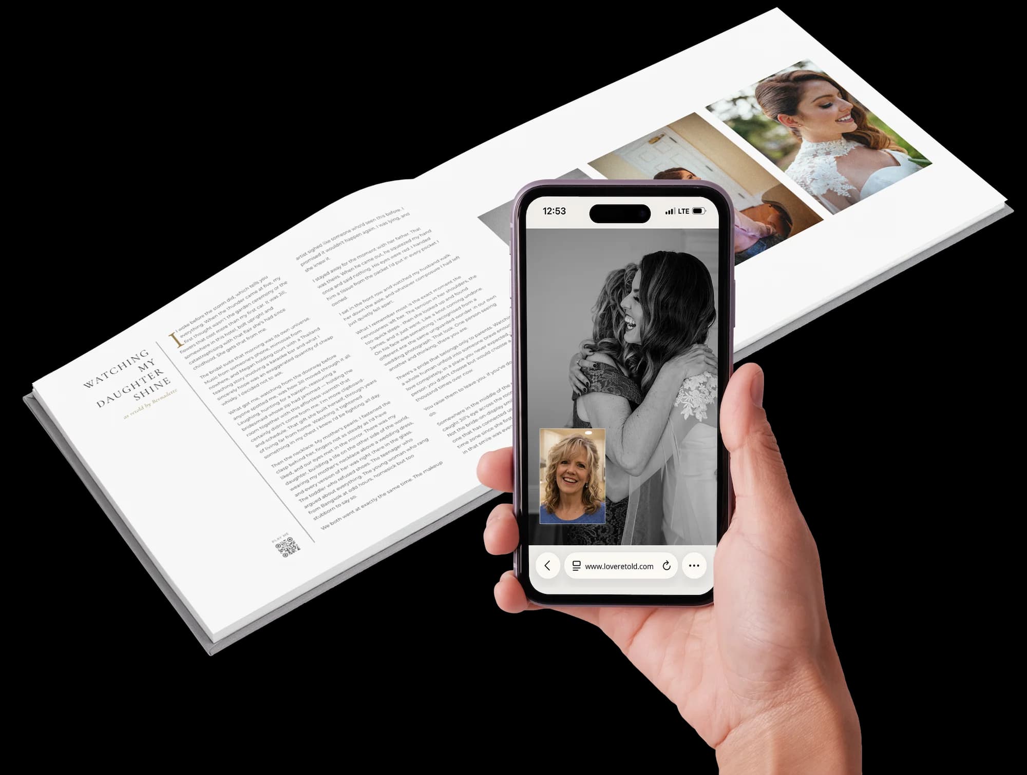 Love Retold book open with phone scanning a QR code to hear a voice recording